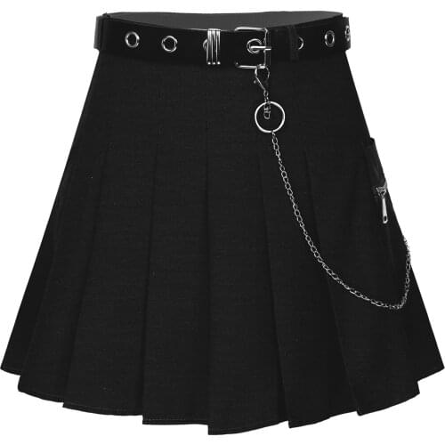Women Girls Pleated Skirt School Dress High Waist Skirt Short Mini A Line Skirts with Side Pocket Chain Belt Street Dance Club