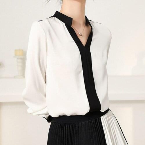 Womens Spring Autumn Style Chiffon Blouse Shirt Womens Button Long Sleeve Patchwork V-Neck Korean Casual Tops SP844