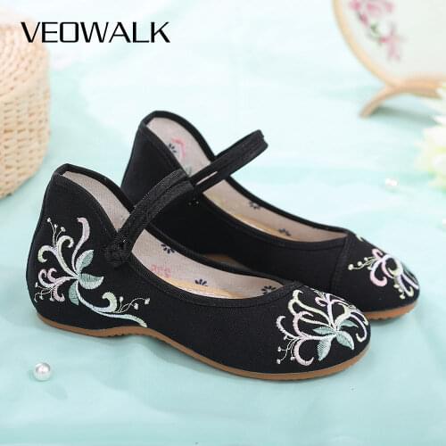 Veowalk Autumn Spring Women Canvas Embroidered Ballet Flats Ankle Buckles Soft Comfortable Fabric Flat Shoes for Ladies