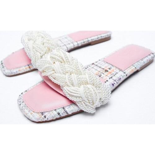 ZAR Brand Slippers Women Summer Luxury 2021 New Fashion Square Toe Beaded Flat-Heeled Beach Sandals Plus Size 41 Chaussure Femme