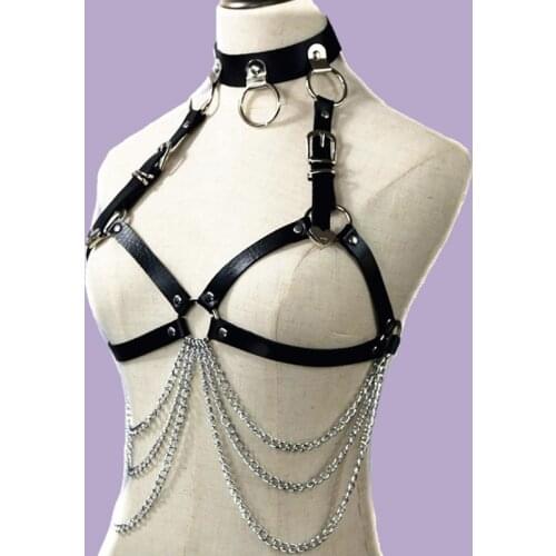 Goth leather body harness chain bra top Women chest chain belt witch gothic punk fashion metal girl festival jewelry accessories