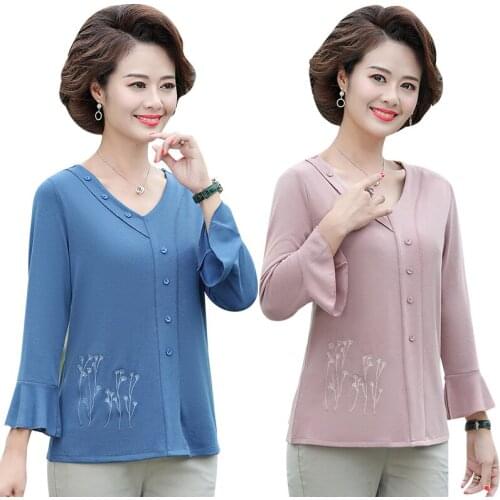 Flare Long Sleeve Bottom Shirt Women Pullover V-neck T-Shirts Spring Fall Middle Age Mother Embroidery Tee Tops 5XL