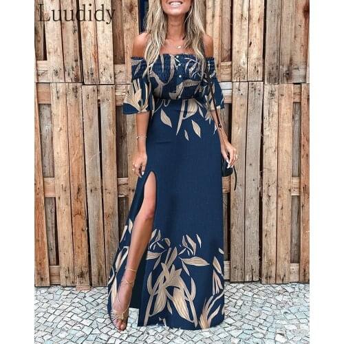 Women Off Shoulder Print Button Design Short Sleeve High Slit Maxi Dress