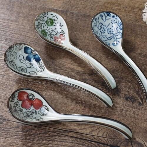 1PC Vintage Ceramic Handpainting Flower Soup Spoon Bend Hook Long Handle Spoon Tableware Household Kitchen Supplies