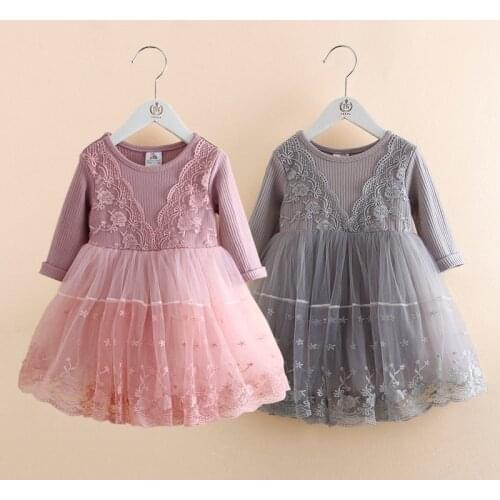 2019 Trend 3-12 Years Children Clothing Spring Autumn Fall Pure Princess Fake Two-Piece Mesh Baby Girls Long Sleeve Lace Dress