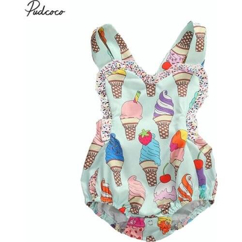 2020 Baby Summer Clothing Infant Newborn Baby Girls Ice Cream Print Bodysuits Colorful Ruffled Jumpsuit Blackless Sunsuit