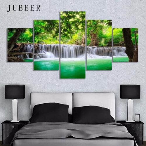 5 Pieces Wall Art Landscape Canvas Painting Modern Pictures Home Decor Forest Waterfall Posters Printsfor Living Room Decor