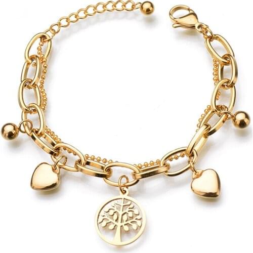 New Trendy Heart Pendant Stainless Steel Ladies Bracelet, Tree of Life Multi-layer Bracelet For Girl Gift