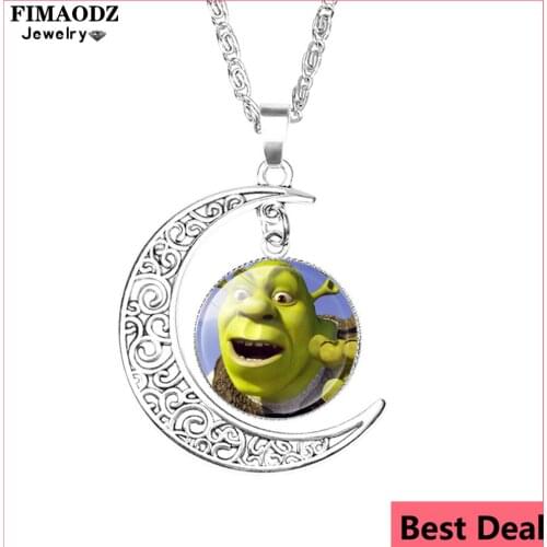 FIMAODZ Shrek Necklace for Girls Children Cartoon Figure Glass Crystal Moon Heart Pendant Charm Christmas Gift Jewelry