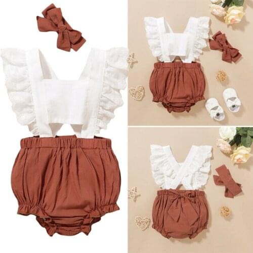 Baby Girls Ruffle Sleeveless Lace Rompers Jumpsuit Headband Kids 2pcs Clothes Outfit Casual Toddler Cotton Rompers