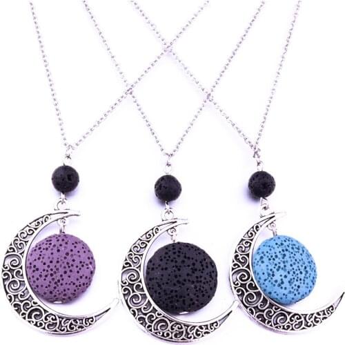 Colorful Lava Stone Moon Necklace Diy Volcano Stone Aromatherapy Essential Oil Diffuser Necklace For Women Jewelry