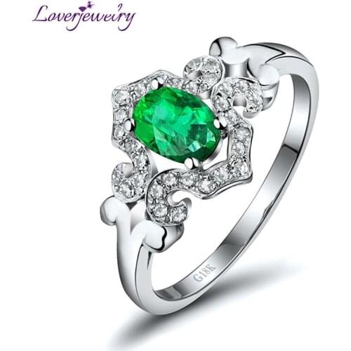 LOVERJEWELRY New Design Genuine Natural Emerald Ring With Diamond Solid 18K White Gold Oval 4x6mm Gemstone Women Ring Jewelry