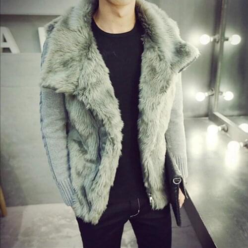 M-2xl Autumn And Winter Men Tide Large Collar Jacket Cotton Padded Collar Lapel Plush Coat Thick Patchwork Knit Sleeve Fur Coat