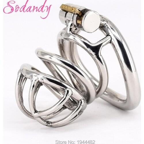 SODANDY 2018 Male Chastity Devices Metal Mens Small Cock Cage Stainless Steel Penis Restraints Locking Cock Ring BDSM Bondage