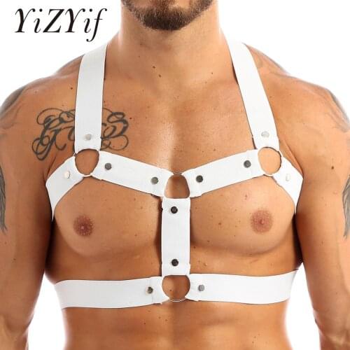 Mens Harness Elastic Shoulder Chest Muscle Harness Belt with Metal O-rings Studs Fancy Club Party Rave Costume Strap Accessory