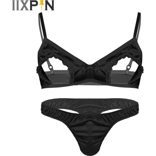 Mens Sissy Lingerie Set Sexy Open Cup Bra Hollow Out Nipples Bras Top With Bikini Thong Gay Men Erotic Underwear Set Nightwear