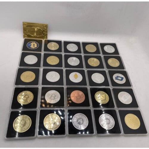 25pcs Design Coin SET Bitcoin/Ethereum/Litecoin/Dash/Ripple/Monero Metal Physical silver/Gold BTC Crypto Coin With Square Case