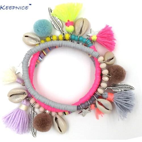 New European Boho Jewelry Suppliers handcrafted bracelet Polymer clay beaded bracelets with tassel coin charm bracelet