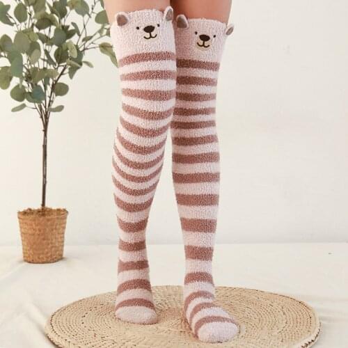 New Bear Deer Cat Cute Stockings Coral Fleece Knee High Winter Sock Thickening Striped Thigh High Socks Kawaii