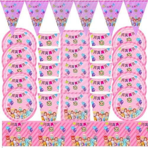 Pink Cocomelon Party Supplies Tableware Set Paper Cup Plate Flag Napkins Kids Happy Birthday Party Baby Shower Girls Decorations