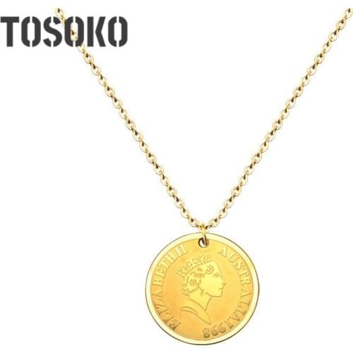 TOSOKO Queen Elizabeth Lmage Cross Chain Necklace Titanium Steel For Women Stainless Steel Jewelry Gift BSP294