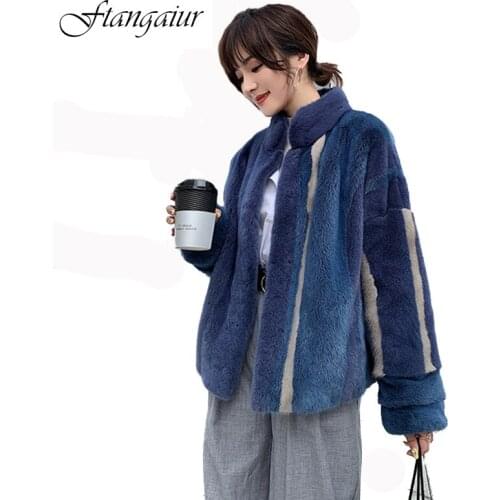 Ftangaiur 2021 Winter Import Velvet Mink Fur Coat Patchwork Color Striped Mink Coat Women Short Natural Real Mink Fur Coats