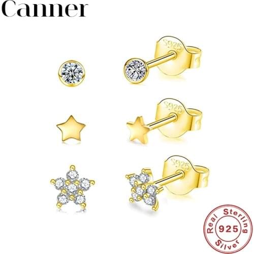 Canner 3pc/Set Earrings For Women 925 Sterling Silver Pendientes Round Star Diamond Zircon Piercing Stud Earings Fine Jewelry W5