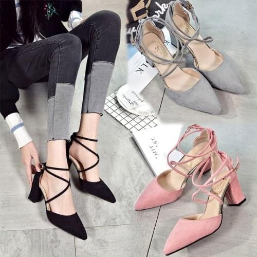 High quality womens shoes 2020 new Korean version of suede fashion pointed thick with single shoes sexy cross belt high heels