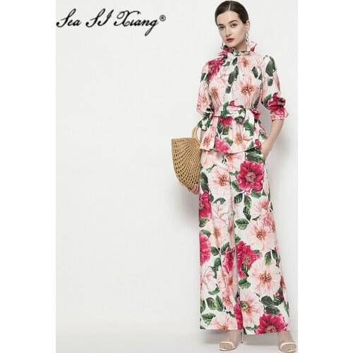 Seasixiang Fashion Designer Summer Set Womens Lace Up Stand Collar Blouses Tops + Wide Leg Pants Flower Print Two Piece Set