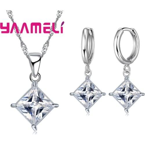 Hot Sale 8 Optional Colors Women Fashion Jewelry Sets 925 Sterling Silver Square Crystal Necklace Pendants Earrings