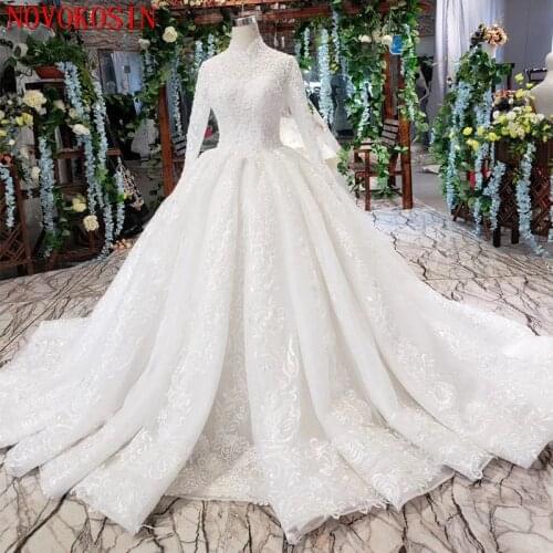 2020 Real Sample Luxury Lace Long Sleeves Wedding Dresses Appliqued Beading Crystal Arabic Muslim Bridal Gowns Vestido De Novia