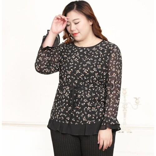 4XL-10XL Plus Size Blouse Womens Clothing Floral Printed Chiffon Shirt Spring Autumn Loose Shirts Drawstring Women Tops TA59259