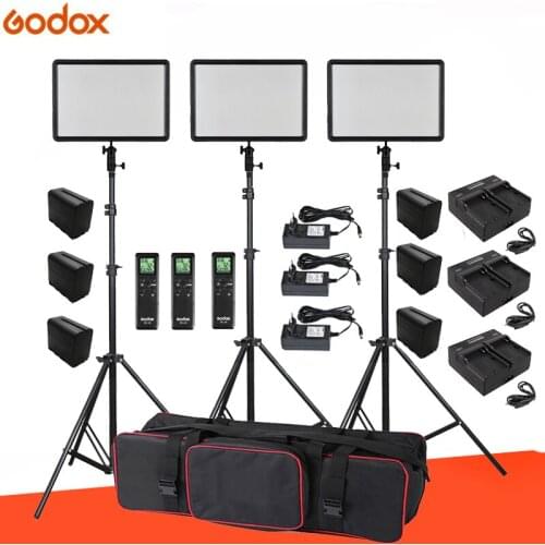 6PCS Batteries +3x Godox Ultra Slim LEDP260C 256pcs LED 30W 3300-5600K Video Light Panel Lighting Kit + Stand +USB Chargers+Bag