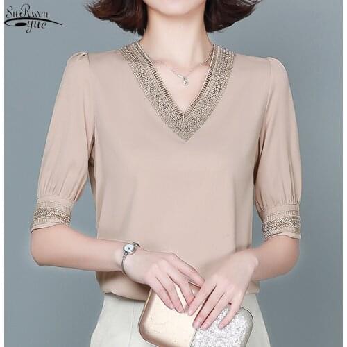 Summer Embroidery Short Sleeve Casual Silk Satin Shirts Office Lady Solid V-neck Blouse Women Plus Size Loose Tops Clothes 13460