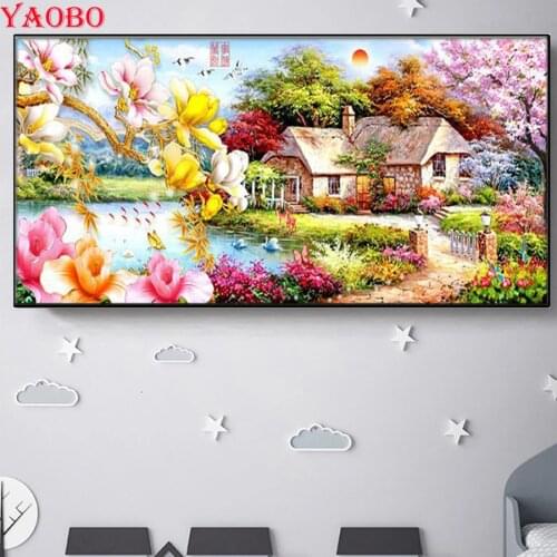 Large 5D Diamond Painting Idyllic Landscape Garden Cottage Rhinestones Diamond Embroidery Full Round Mosaic Stones Craft gift