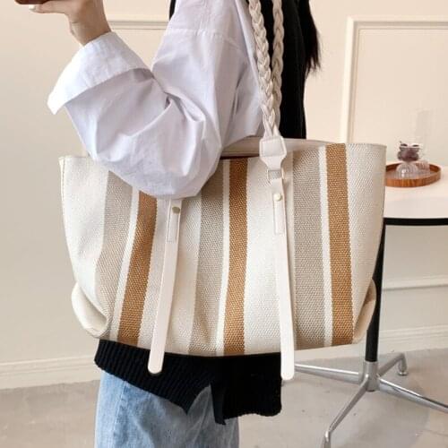Big Capacity Canvas Tote Bags for Women Designer Stripe Handbag Ladies Casual Shoulder Bag Female Roomy Top Handle Shopper Bag