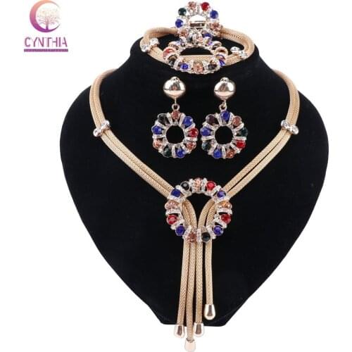 CYNTHIA Dubai Gold Color Wedding Pendant Necklace Earrings Bracelet Ring Sets For Women Brides Jewelry Costume Crystal Jewellery