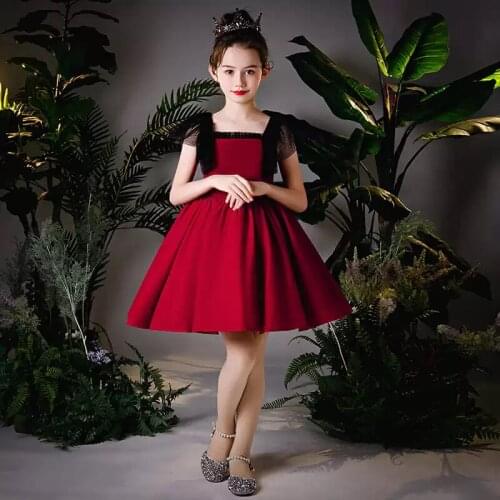 Flower Girl Dresses Vintage Short Sequare-Collar Luxury Red Princess Knee-Length Jersey Lovely Lace Elegant Kids Party Gown H411