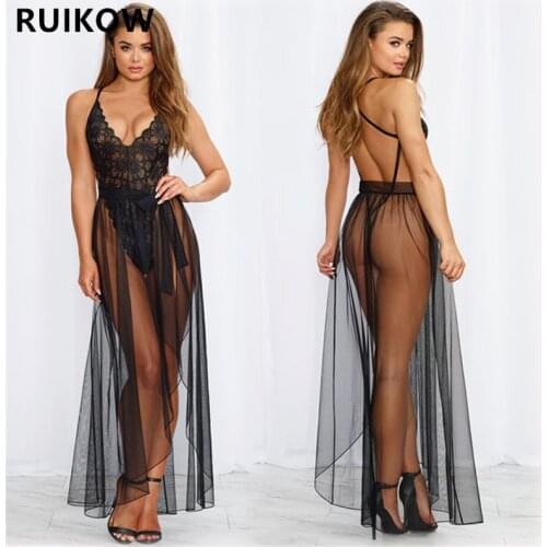 2 Pcs/Set V Neck Women Chemise Erotic Lingerie Female Lace Long Costumes +Dress Set Mesh Transparent Erotic Cross Back Babydoll