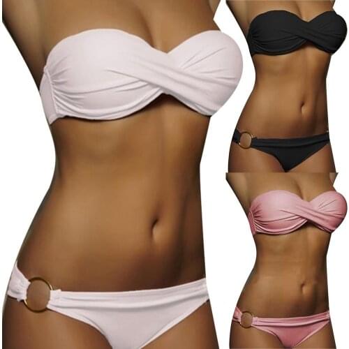2Pcs Sexy Bikinis Set Women High Waist Strapless Push Up Bra Solid Color Knot Padded Bras Briefs Bikini Set Swimwear Swimsuit