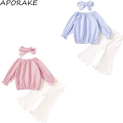 2021 0-5Y Fashion Kids Baby Girl Clothing Set Off Shoulder Striped Print Long Sleeve Blouse+White Solid Flare Pants Fall 3pcs