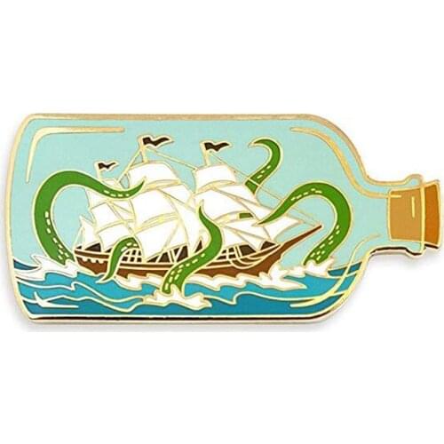 Ship In A Bottle Attacked by Sea Enamel Lapel Pin