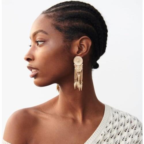 LEADERBEADS 2019 ZA Vintage Metal Gold Tassel Earrings Womens Hyperbole Drop Earrings Retro Statement Ear costume jewelry