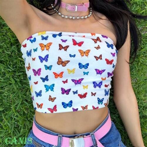 Summer Tube Top Women Girl Butterfly Print Wrapped Chest Boob Tube Fashion Undershirt Strapless Short Crop Top