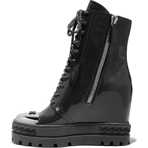 Fashion Black Leather High Top Metal Round Toe Sneaker Thick Sole Inner Wedge Height Increasing Lace Up Zipper Ankle Booties