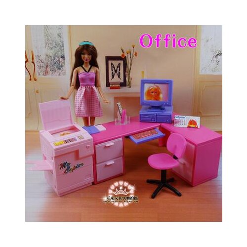 For barbie desk Furniture Accessories Toy Book room Computer Desk Chair Dining Table Kitchen Bedroom Holiday Gift Gir