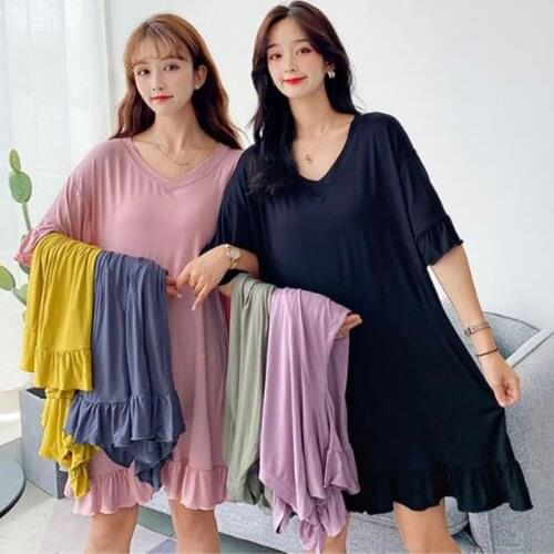 Korean sweet loose nightdress female plus size nightwear modal cotton nightgown women fat mm sexy v-neck ruffle night dress