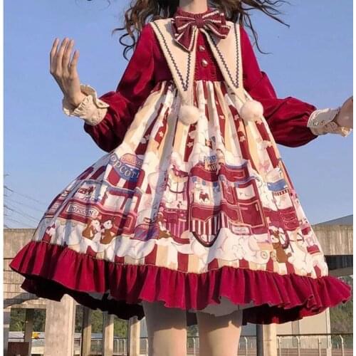 Christmas Original Lolita Dress Women Long Sleeve Costume Dress Kawaii Flower Dress New Sweet Dress Hot MAGOGO