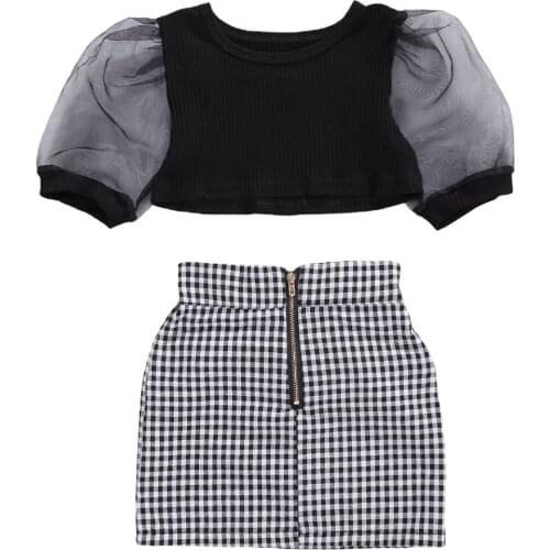 1-6Y Summer Baby Girls Clothes Sets Lace Puff Sleeve T Shirts Crop Tops Plaid Pattern Mini Skirt Skirts 2pcs Little Girls Outfit