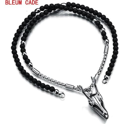 Punk 316L Stainless Steel Deer Skull Pendant Necklace Beads Chain Gothic Animal Head Skeleton Necklace
